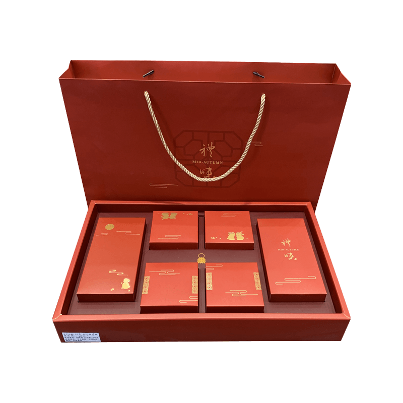Изготовленная на заказ бумажная подарочная коробка для упаковки Mooncake с сумкой, подарочная упаковка, красный цвет для фестиваля середины осени, 6 шт.